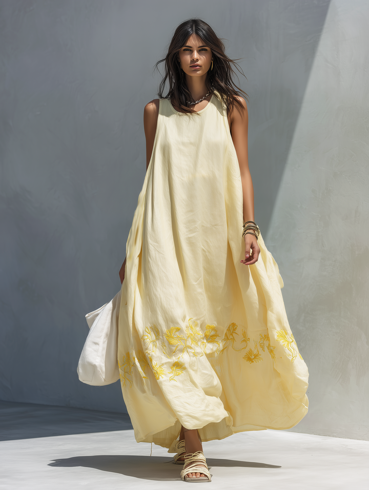 Women's Bright Yellow Woven Round Neck Sleeveless Embroidered Loose-fitting Long Dress With Resort Style