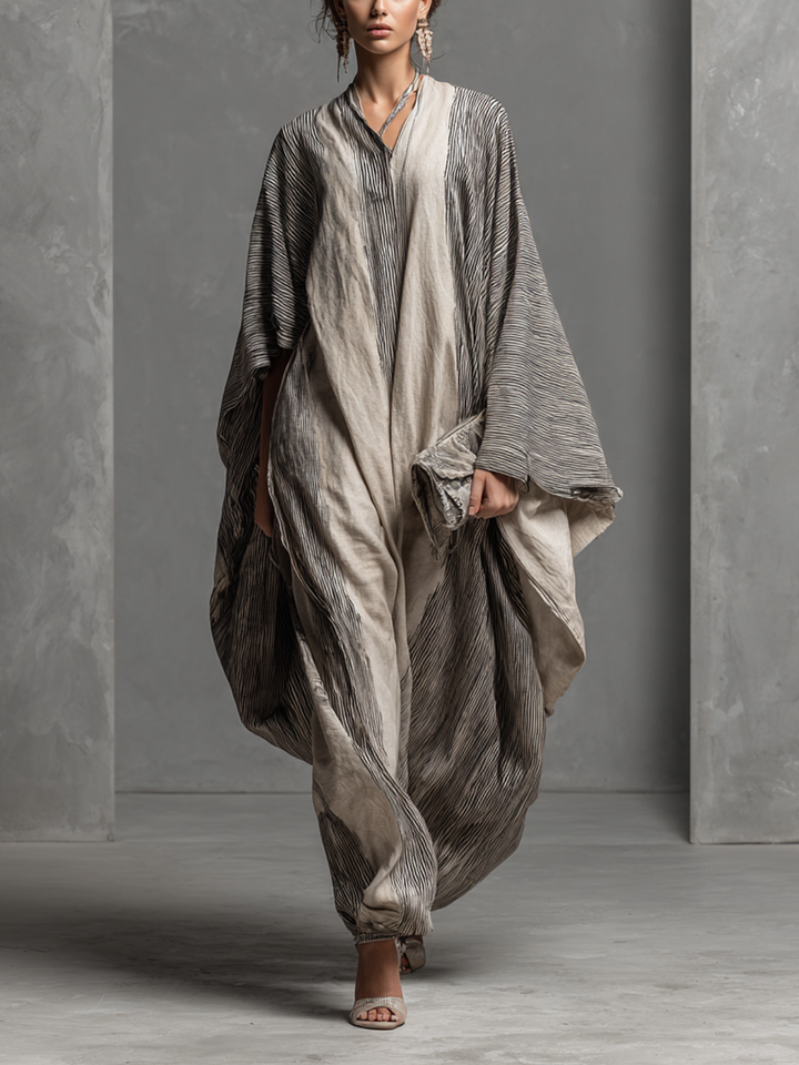 Women's Boho Striped V-Neck Cotton Linen Oversized Kaftan Maxi Dress