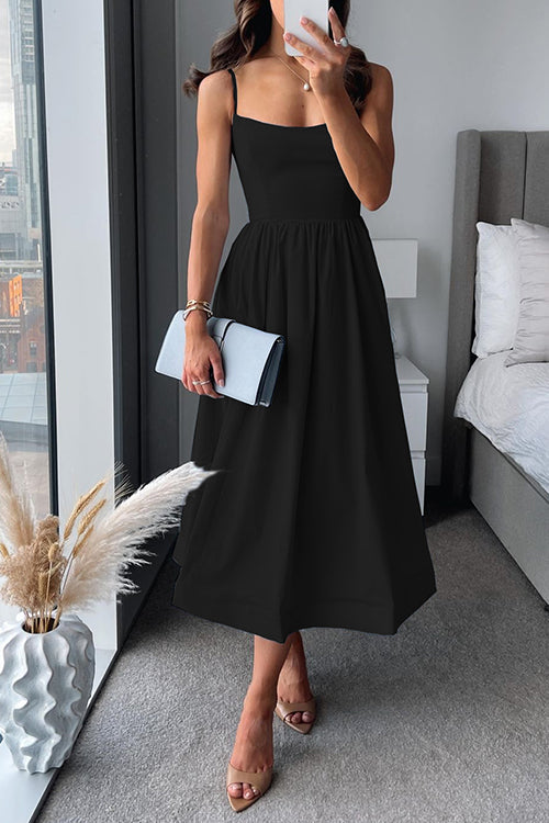 Vestido midi feminino elegante sem mangas com alças finas