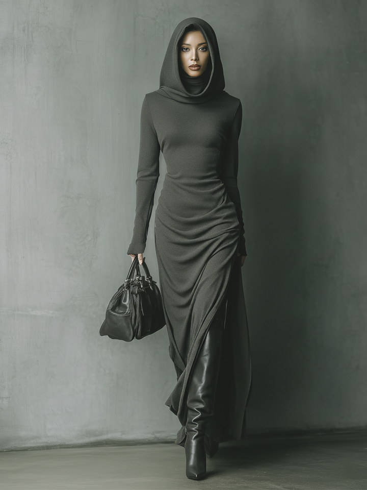 Women's Dark Grey High Elastic Knitted Hooded Maxi Dress