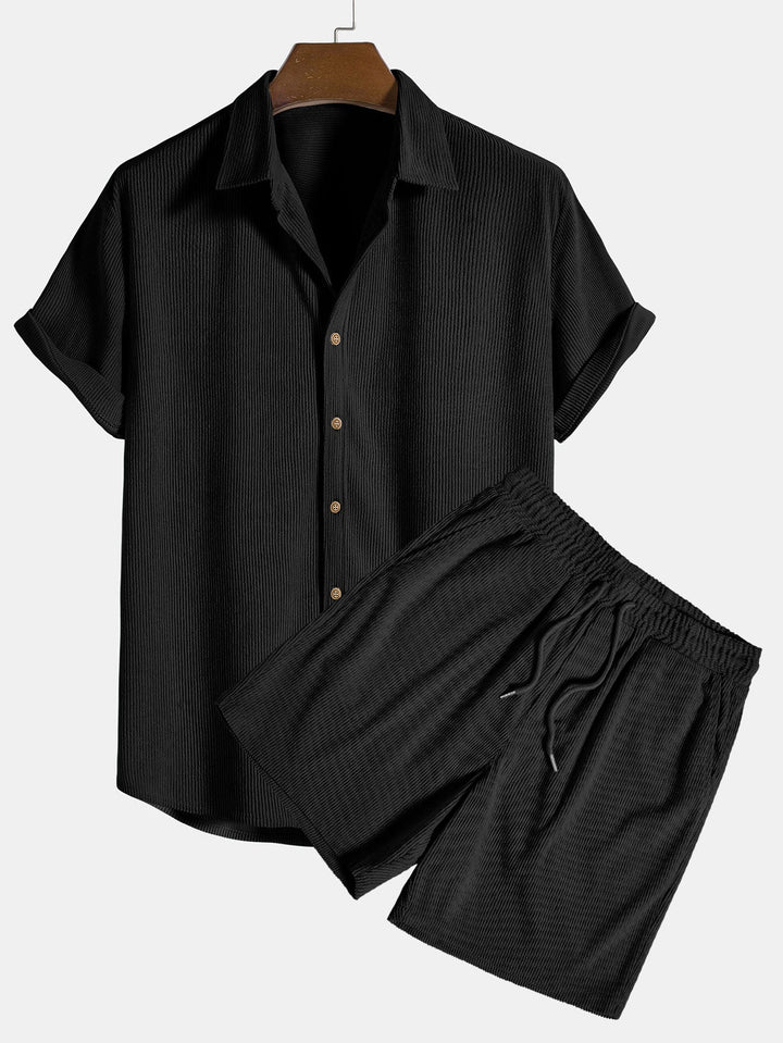 Conjunto Masculino de Dois Peças para Verão – Design Canelado Arejado e Ajuste Confortável