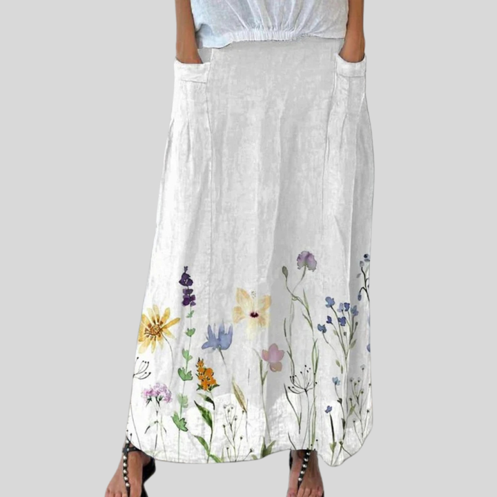 Jupe femme en lin à taille élastique et poches avec imprimé aquarelle de prairies printanières
