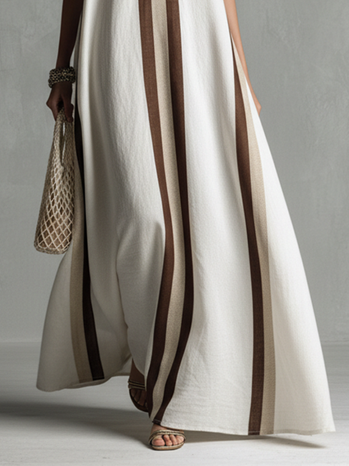 Women's Minimalist Style Beige And Brown Striped White Cotton Linen Slip Dress