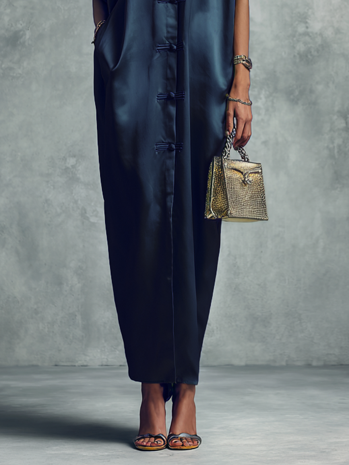 Women's Chinese-style Navy Blue Stand-up Collar Button Midi Dress