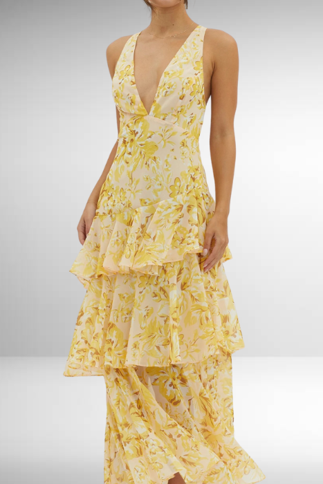 Vestido Maxi Floral com Babados em Camadas para Mulheres