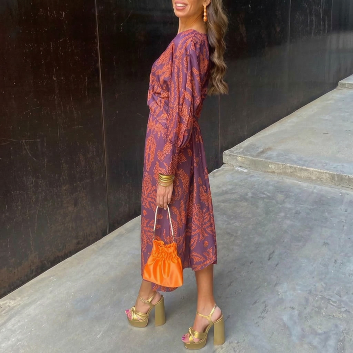 Isadora™ – Elegant Midi Dress with Waist Knot and Artistic Print