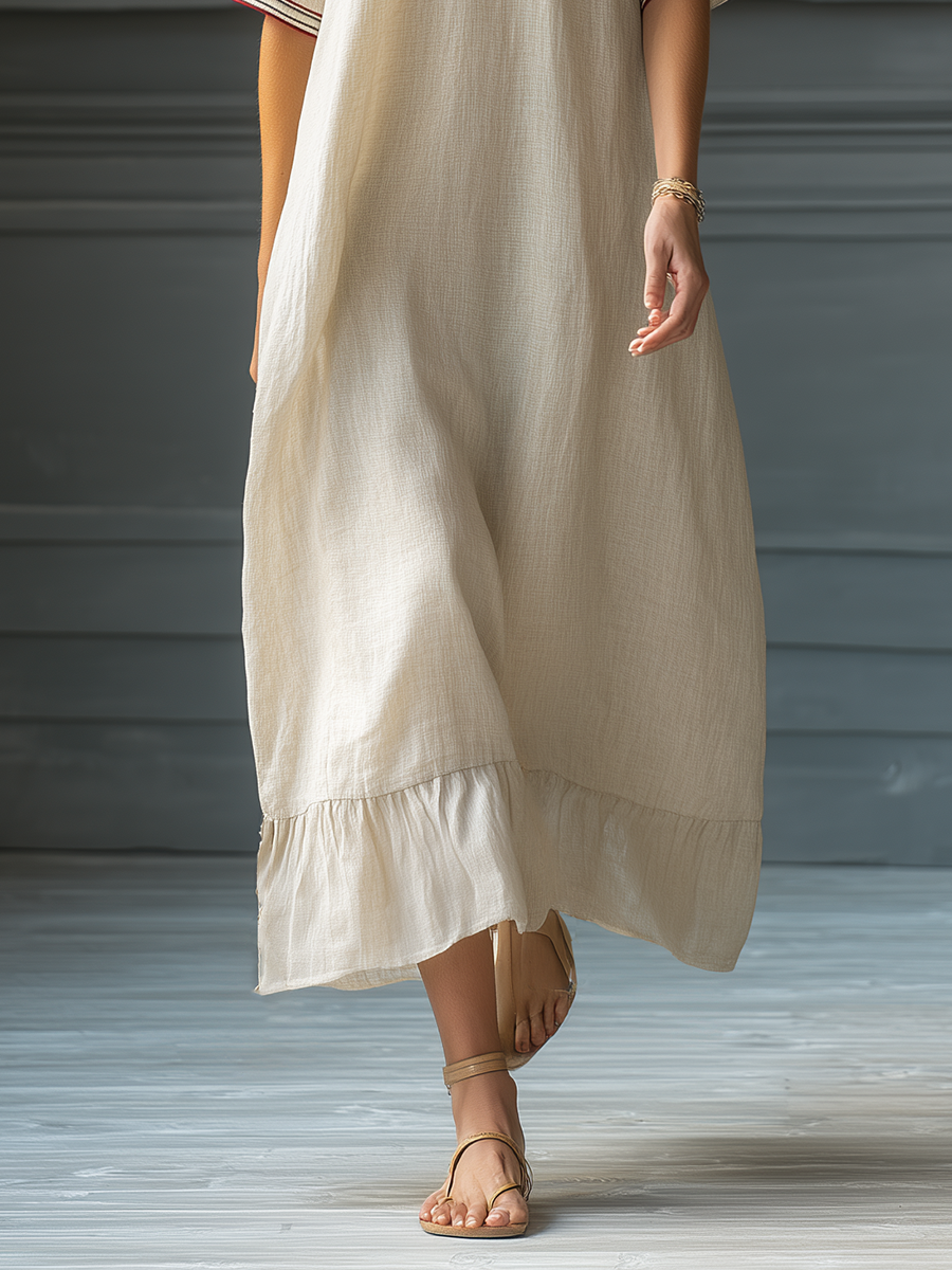 Women's Beige Linen Cotton Maxi Dress With Contrast Trim V-Neck & Ruffled Hem