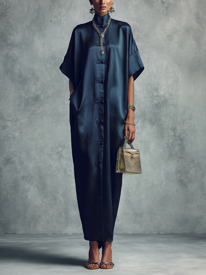 Women's Chinese-style Navy Blue Stand-up Collar Button Midi Dress