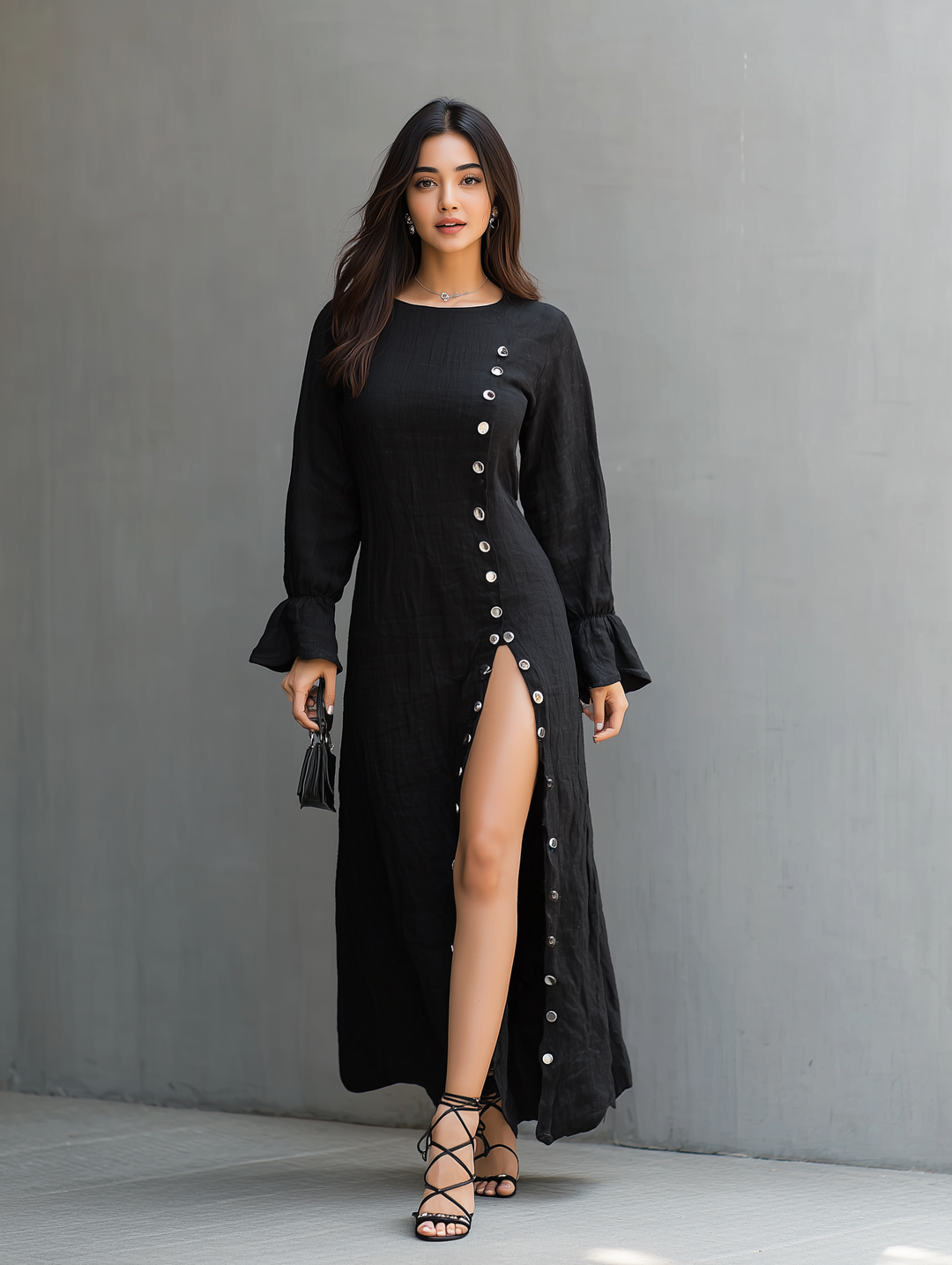 Women's Elegant Black Cotton Linen Round Neck Long Sleeve Slit Dress