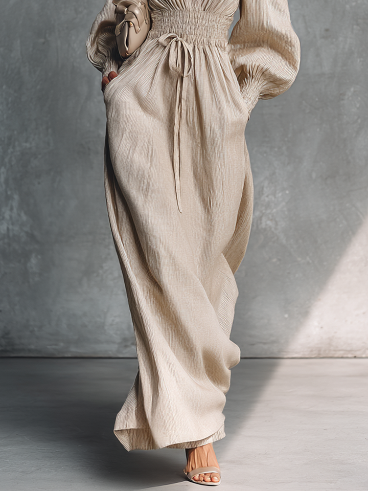 Women's Beige Cotton Linen Striped V-Neck Shirred Waist Maxi Dress