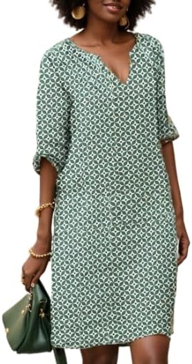 Vestido feminino com decote em V, caimento relaxado e comprimento até o joelho