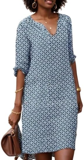 Vestido feminino com decote em V, caimento relaxado e comprimento até o joelho