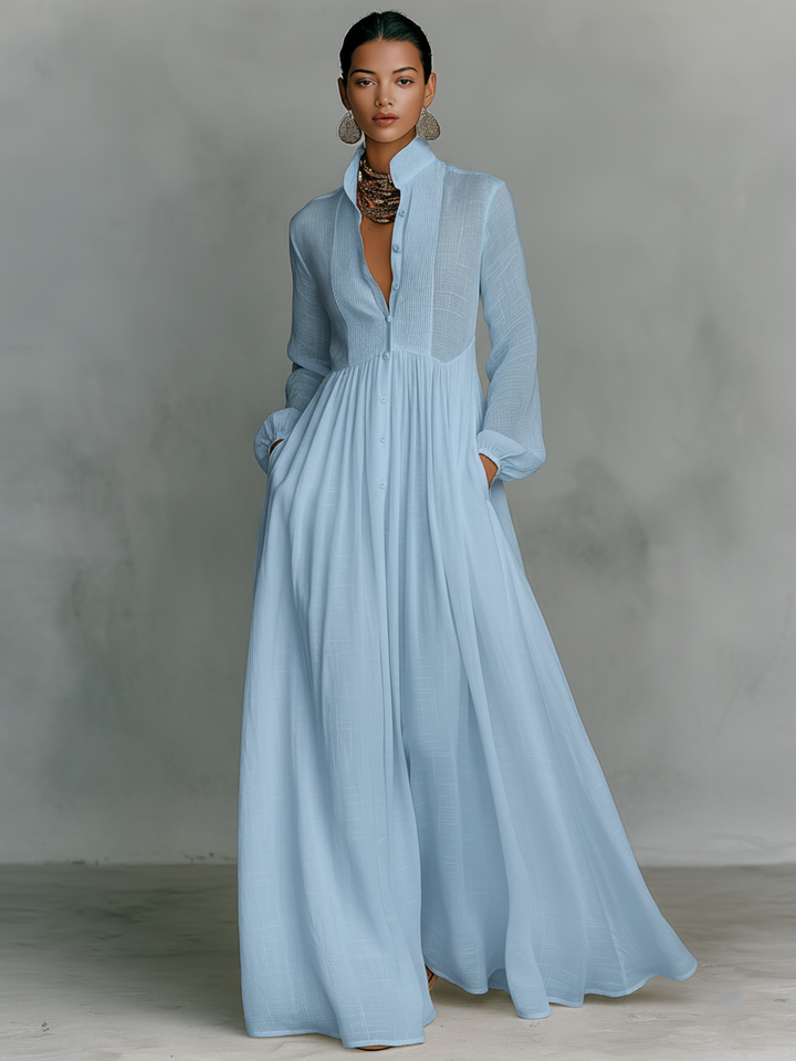 Women's Minimalist Cotton And Linen Patchwork Single-breasted Stand-up Collar Long-sleeved Maxi Dress