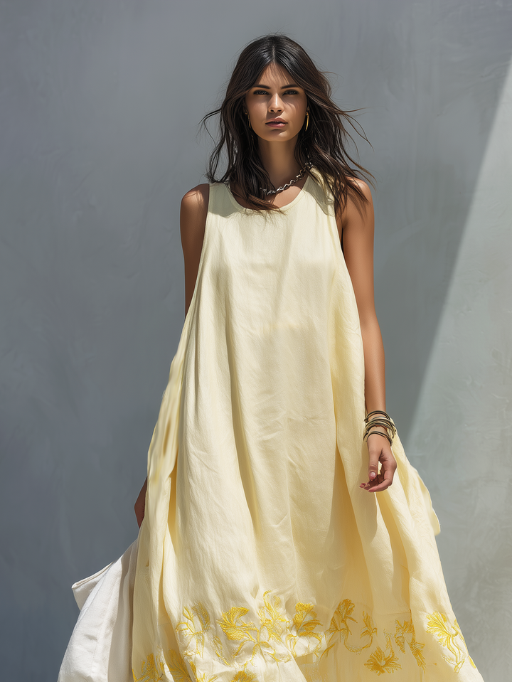 Women's Bright Yellow Woven Round Neck Sleeveless Embroidered Loose-fitting Long Dress With Resort Style