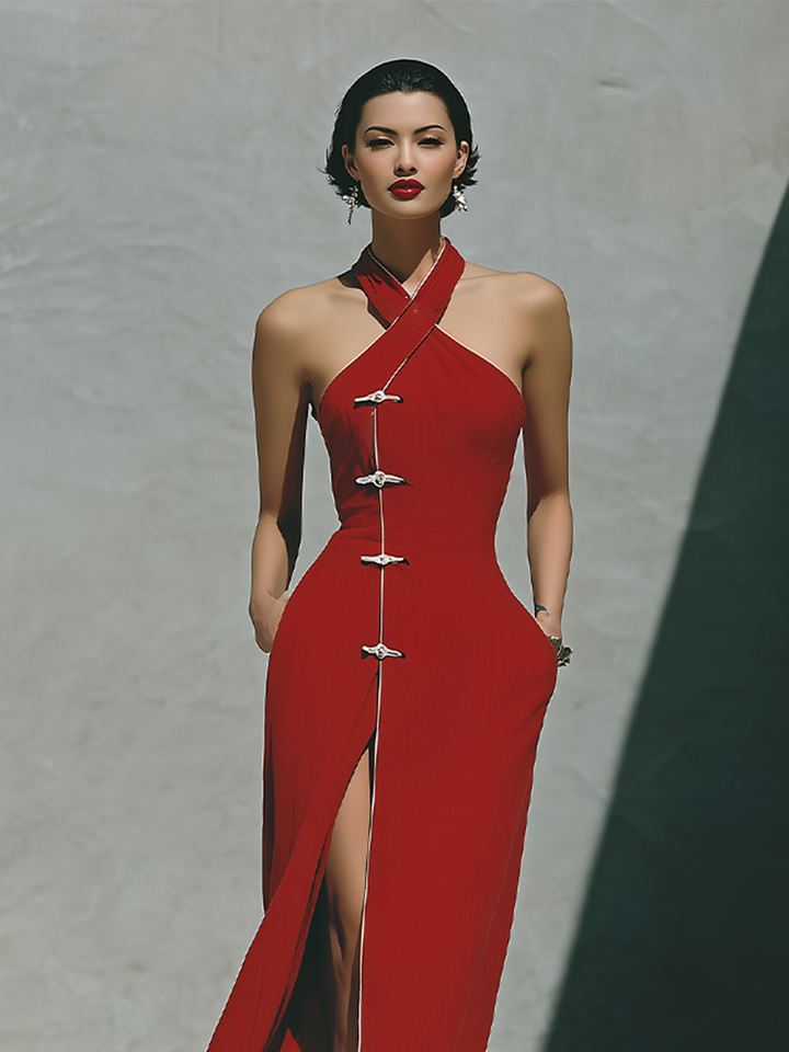 Women's Red Crepe Dress With Halter Cross Neck & Frog Button Detail, Timeless Oriental-Elegant Style Dress