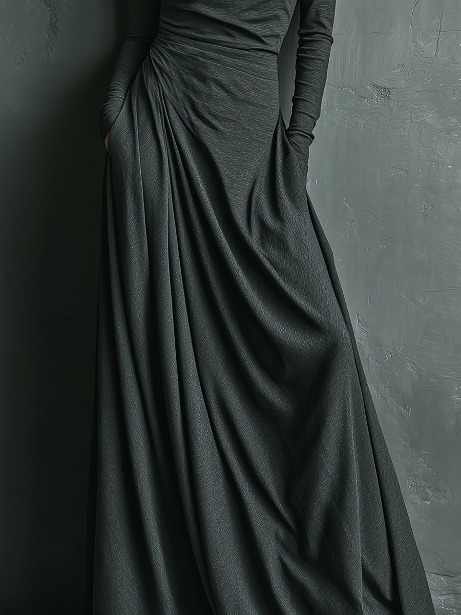 Dámské elegantní antracitové maxi šaty z elastické polyester-bavlněné směsi s rolákem a volánem