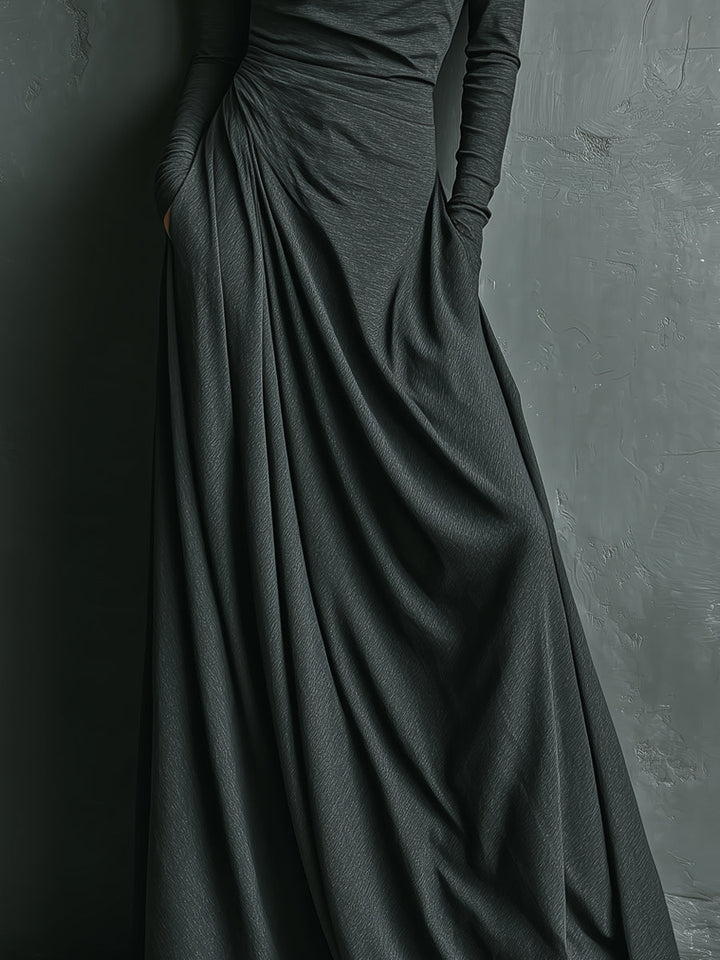 Dámské elegantní antracitové maxi šaty z elastické polyester-bavlněné směsi s rolákem a volánem