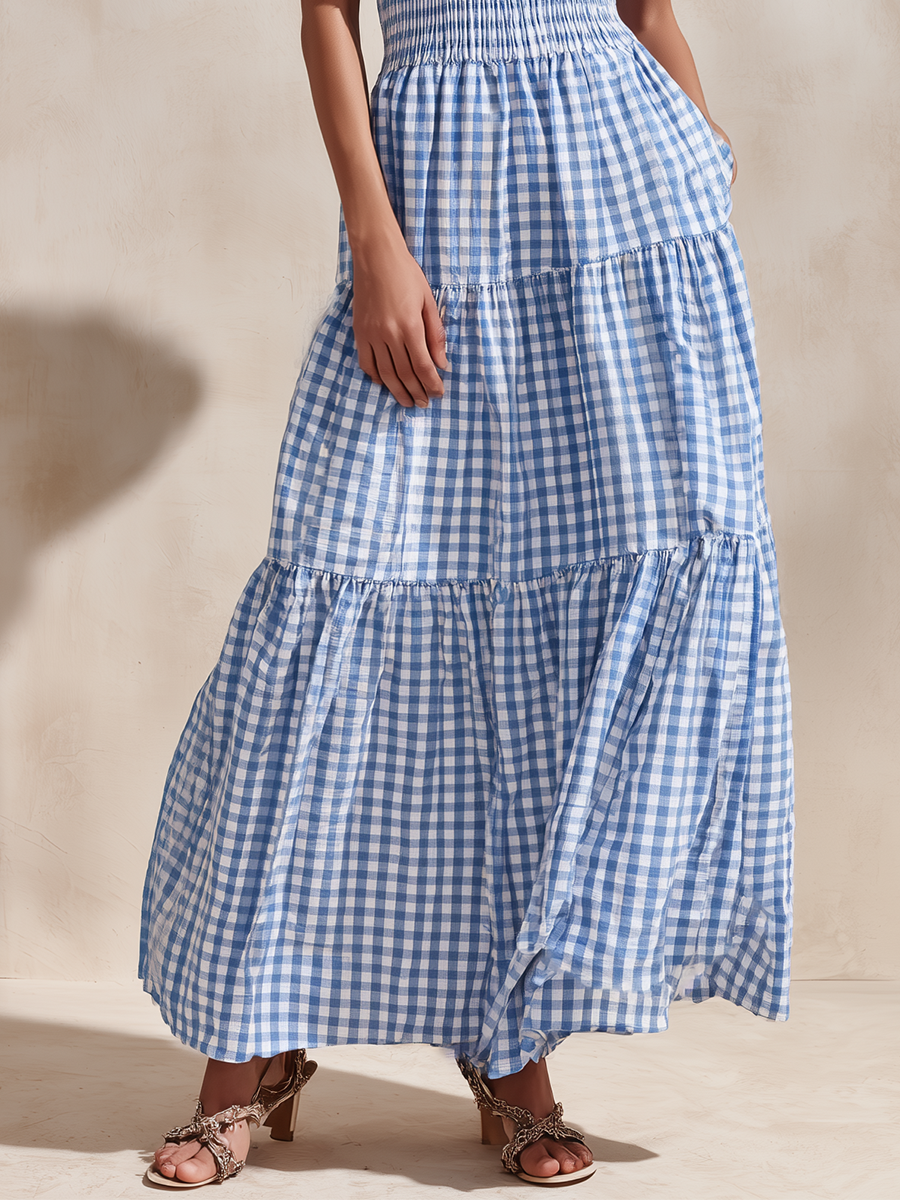 Women's Blue Gingham Off-the-Shoulder Maxi Dress With Puffed Sleeves & Tiered Skirt