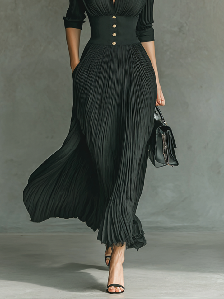 Vestido largo de manga larga con solapa plisada y cintura de color liso para mujer