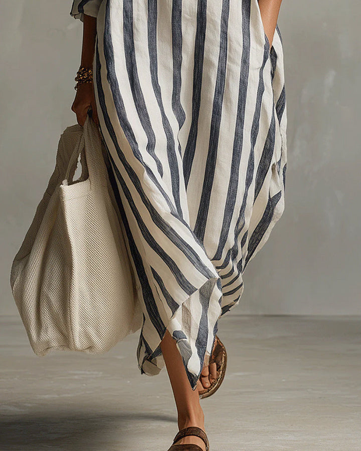 Women's Midi Striped Shirt Dress with Long Sleeves