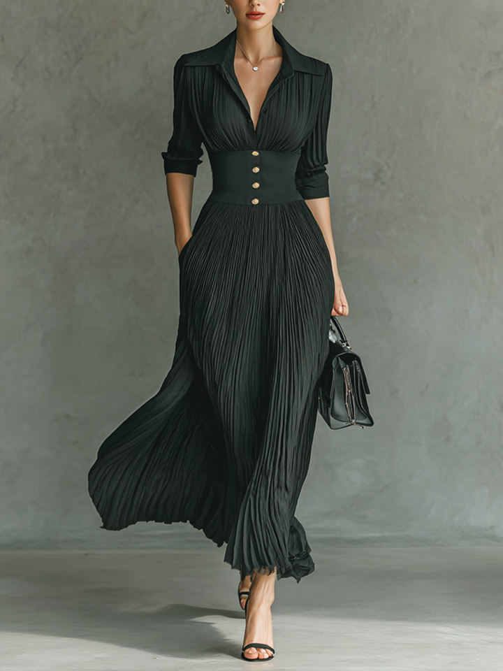 Vestido largo de manga larga con solapa plisada y cintura de color liso para mujer