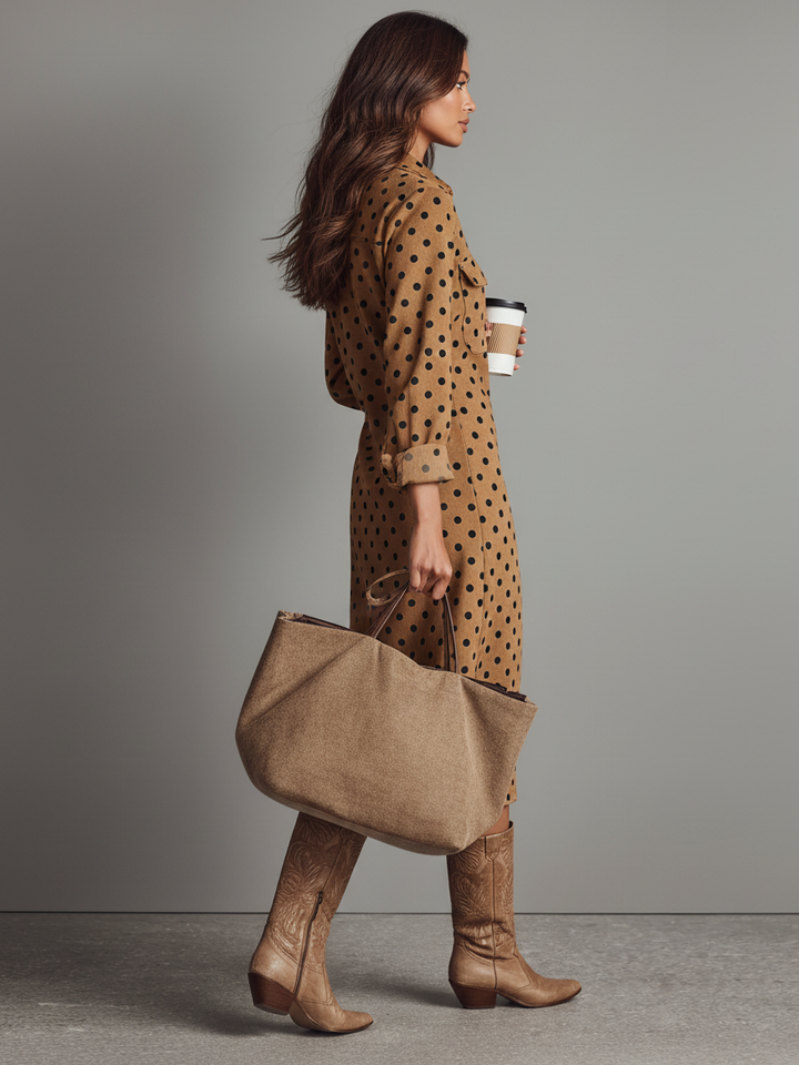 Robe chemise midi en suédine à pois pour femme