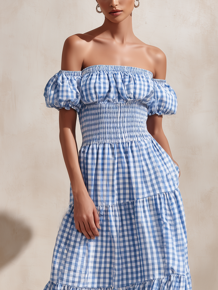 Women's Blue Gingham Off-the-Shoulder Maxi Dress With Puffed Sleeves & Tiered Skirt