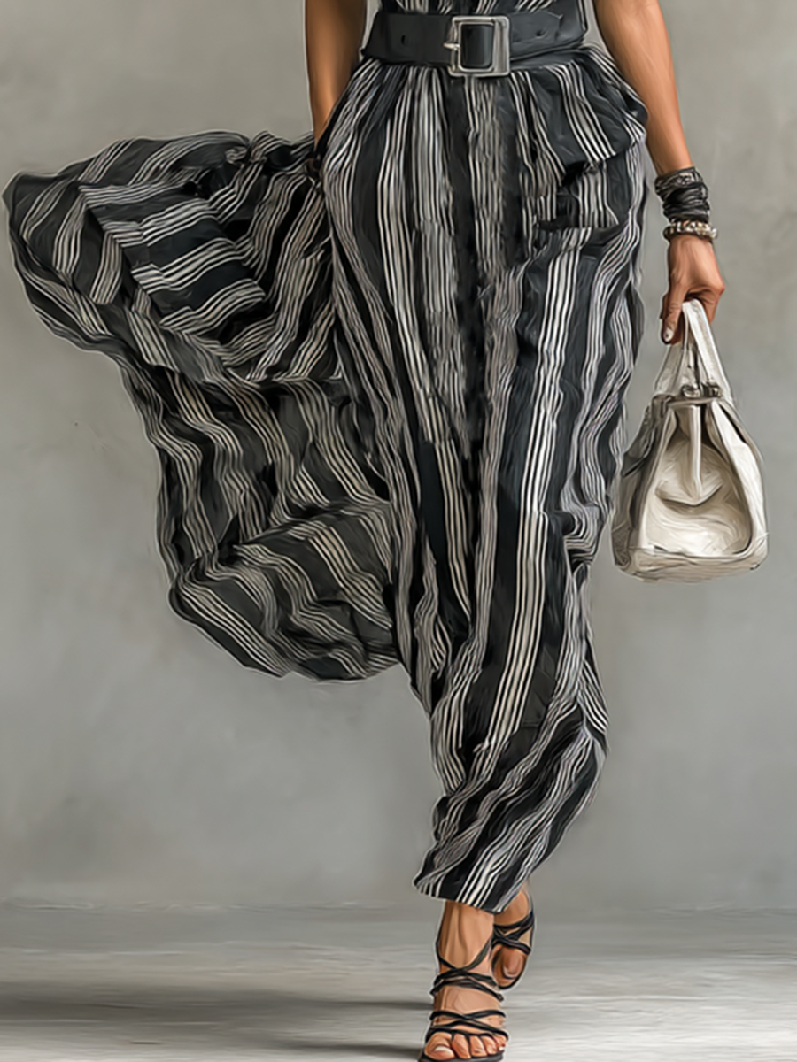 Women's Chiffon Striped Printed Lapel Short-sleeved Belted Maxi Dress