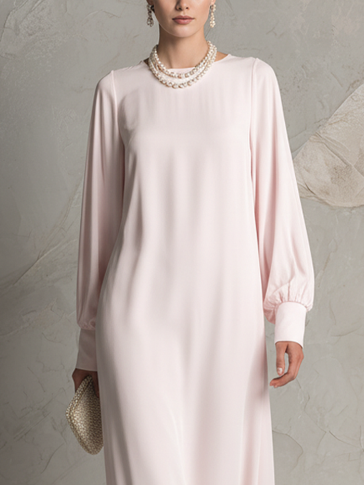 Vestido maxi feminino rosa claro com decote barco, mangas longas e costas abertas