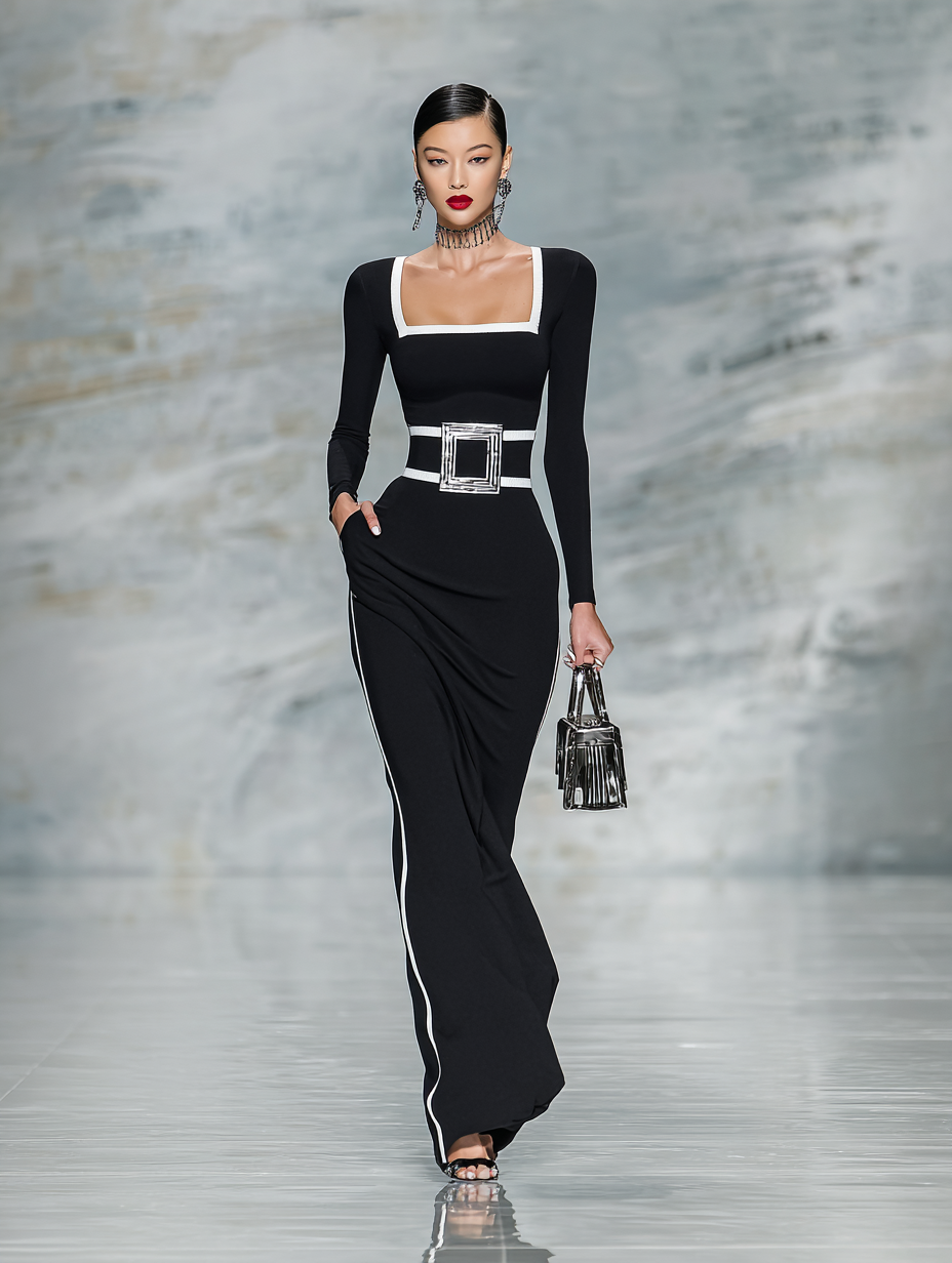 Abito lungo da donna nero e bianco con scollo quadrato, maniche lunghe e vestibilità aderente