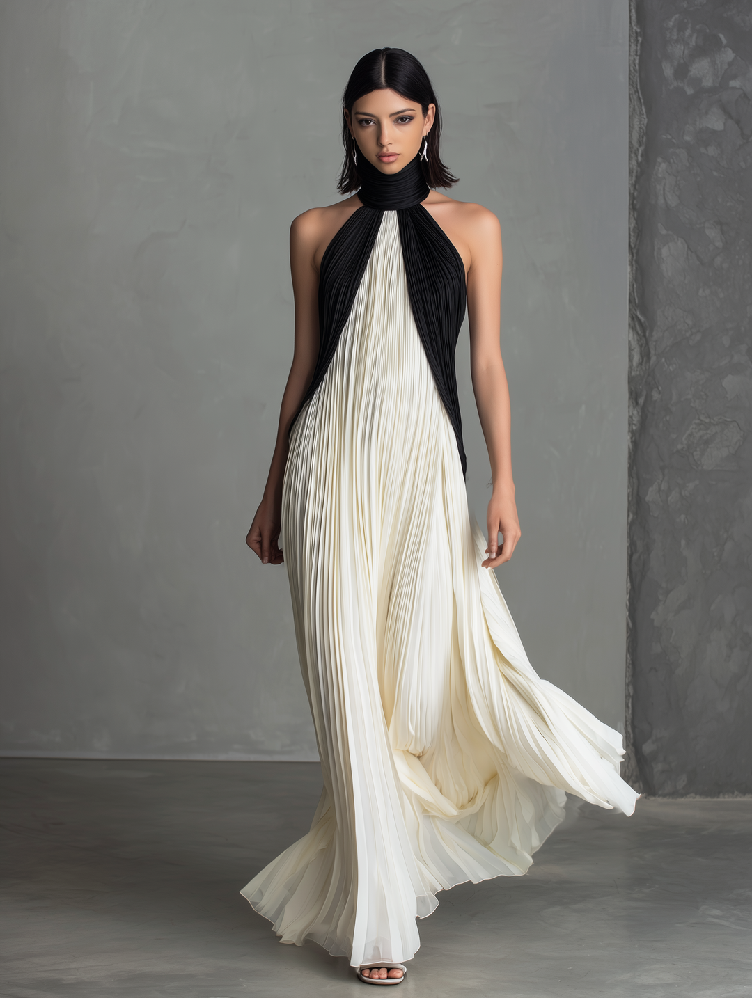 Elegant White Chiffon Pleated Round Neck Sleeveless Long Dress For Women