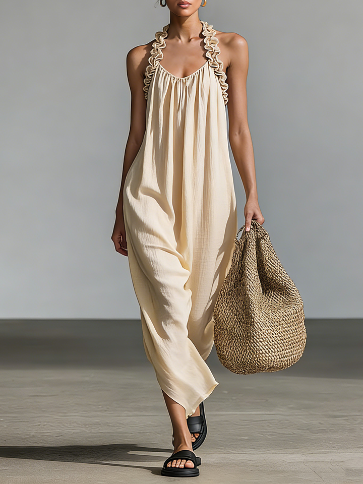 Women's Minimalist Linen Blend Dress With Ruffled Trim And Halter Neck