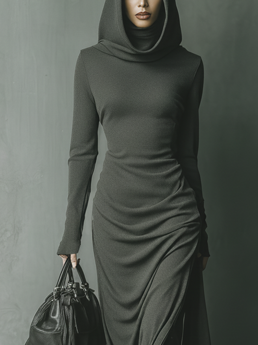 Women's Dark Grey High Elastic Knitted Hooded Maxi Dress