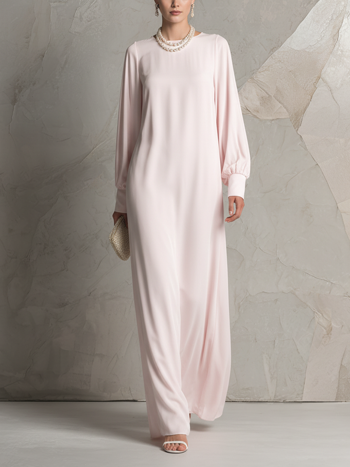 Vestido maxi feminino rosa claro com decote barco, mangas longas e costas abertas