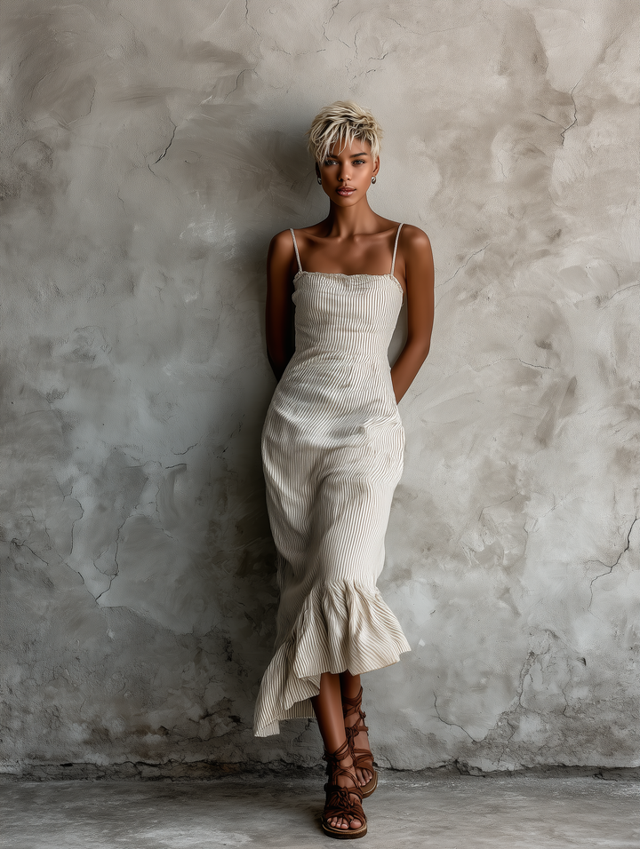 Women's Beige Striped Spaghetti Strap Maxi Dress With Ruffled Asymmetric Hem