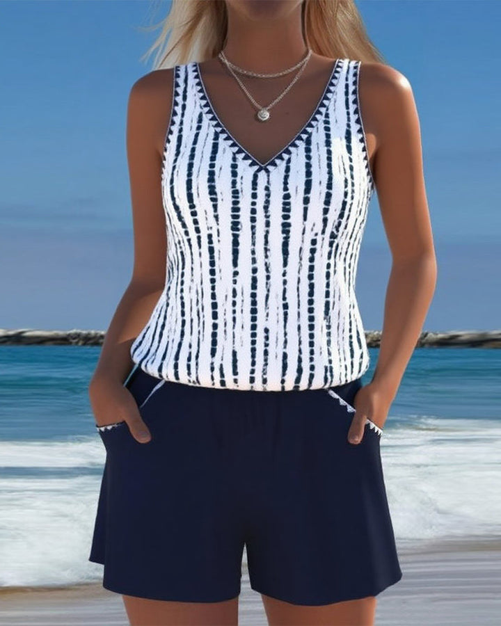 Mia™ | Maillot de bain deux pièces décontracté à col en V imprimé avec poches