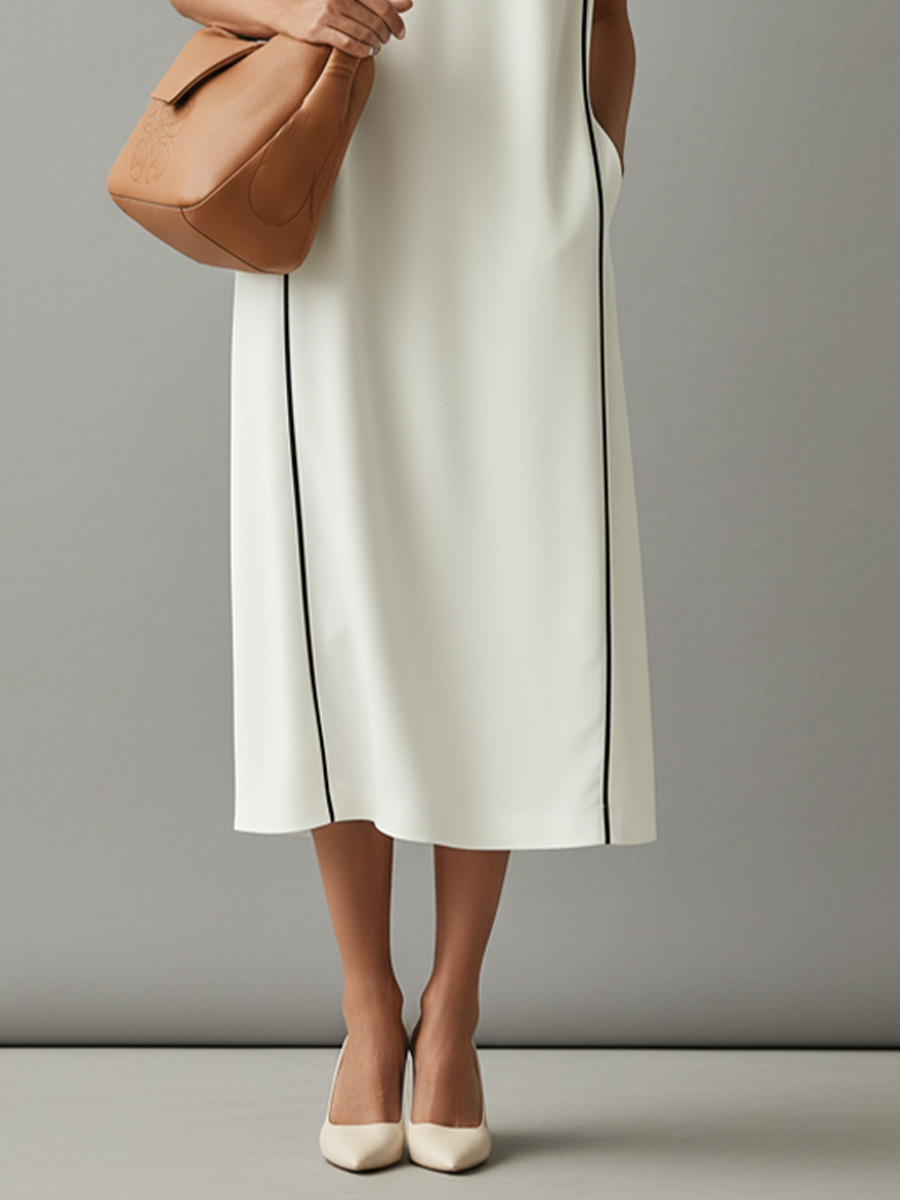 Damen weißes Baumwollkleid mit Kontrastpaspelierung und Seitentaschen, zeitlos minimalistischer-eleganter Stil