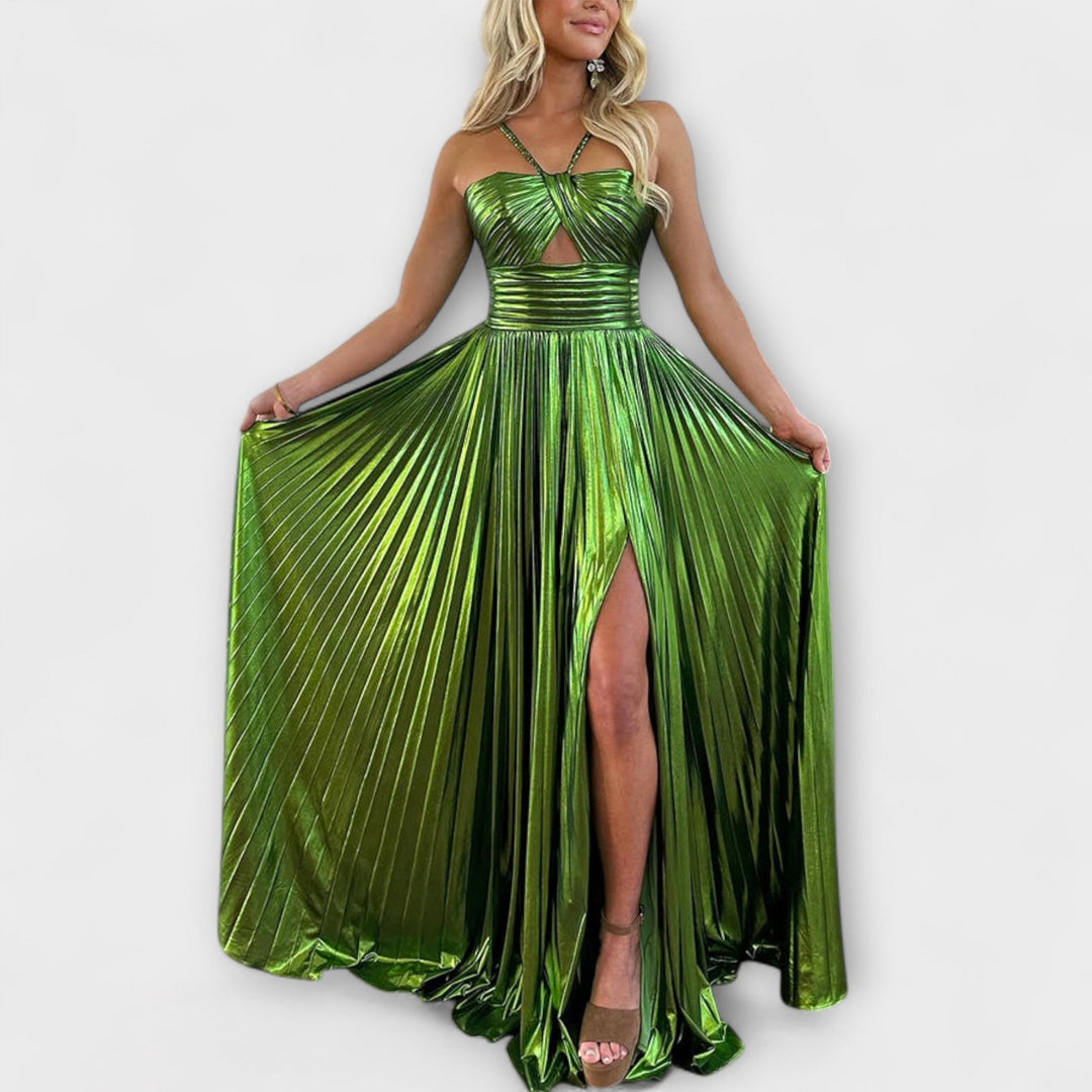Vestido largo con tejido metálico