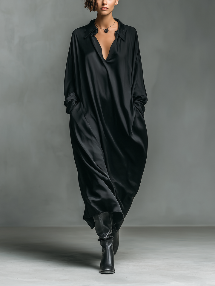 Women's Fashionable Casual Black Glossy Satin Long-sleeved Loose-fitting Maxi Dress With Pockets