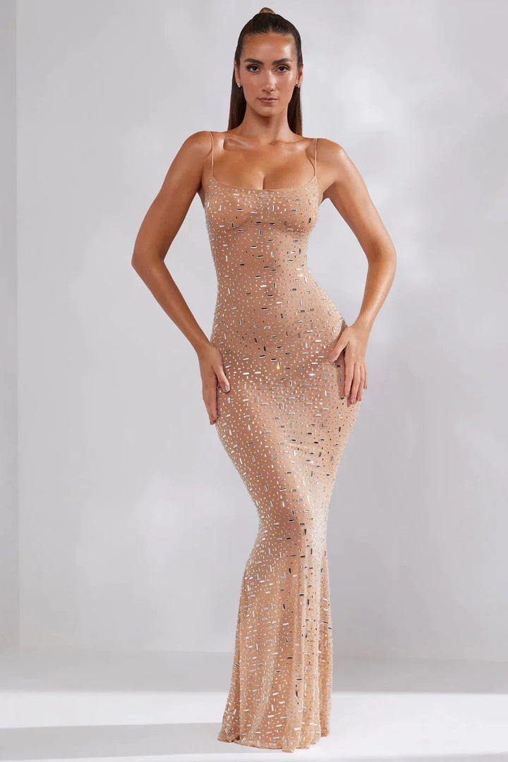 Eng anliegendes Maxikleid für Damen mit dünnen Trägern und Verzierungen