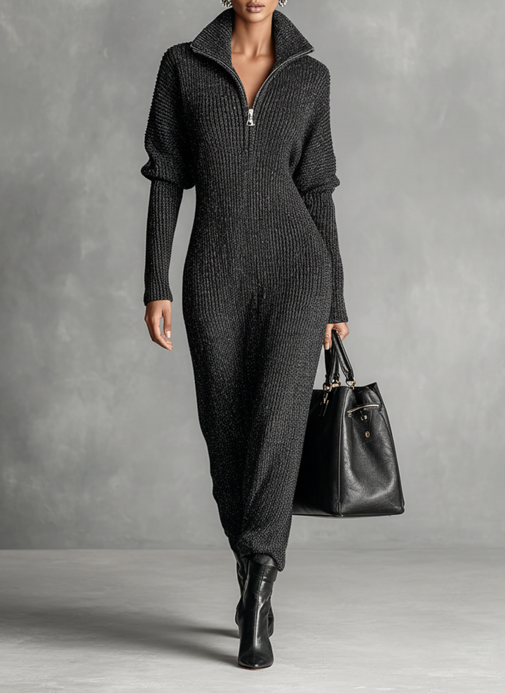 Vestido largo de punto con cuello de cremallera y color liso minimalista para mujer