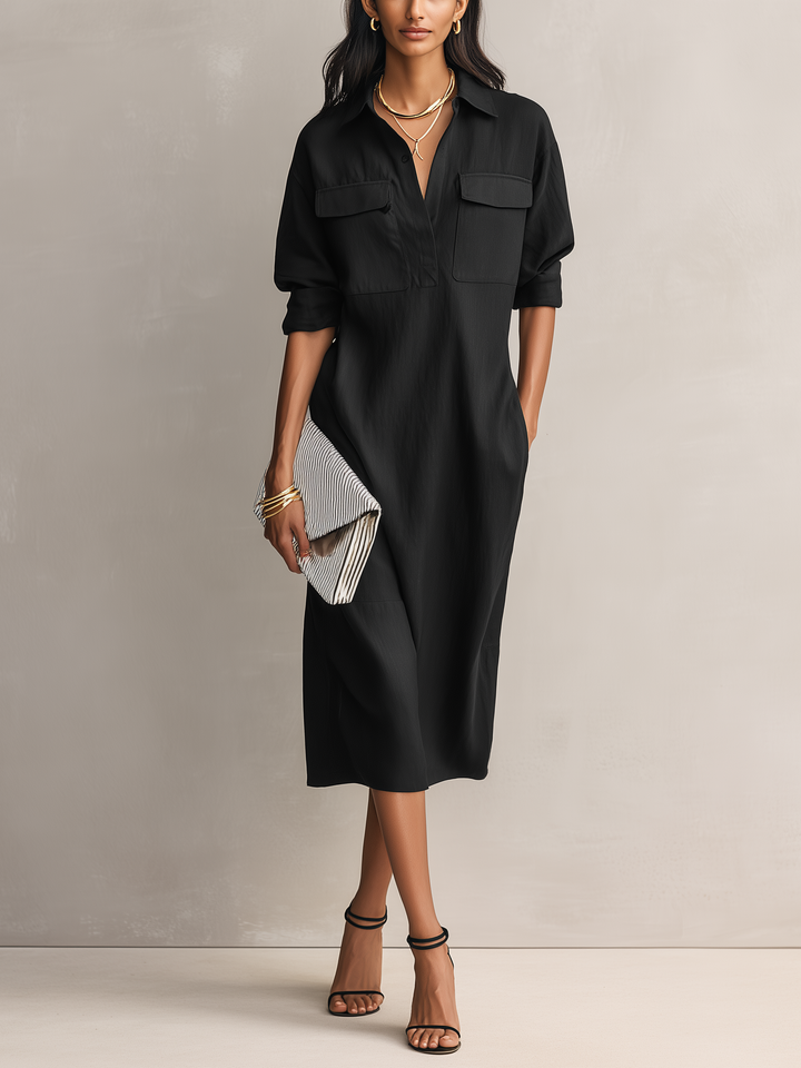 Vestido midi de mujer elegante de cuello camisero y manga corta en mezcla de algodón y lino negro