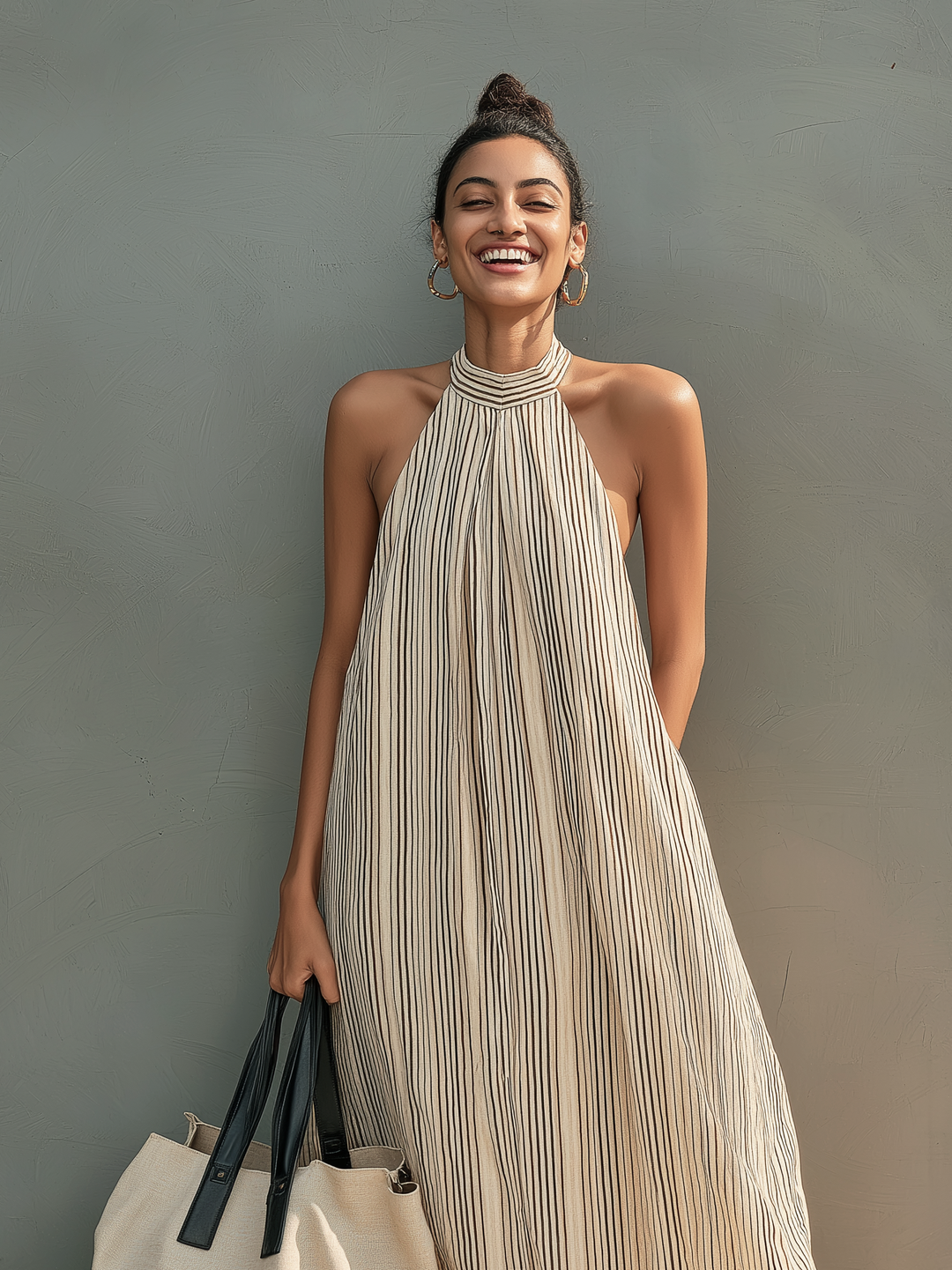 Women's Casual Beige Striped Woven Round Neck Sleeveless Loose-fitting Long Dress