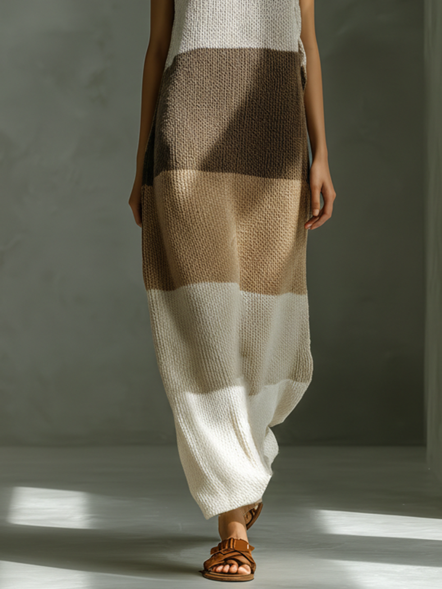 Women's Neutral Color Block Knit Maxi Dress With Halter Neck & Side Slits