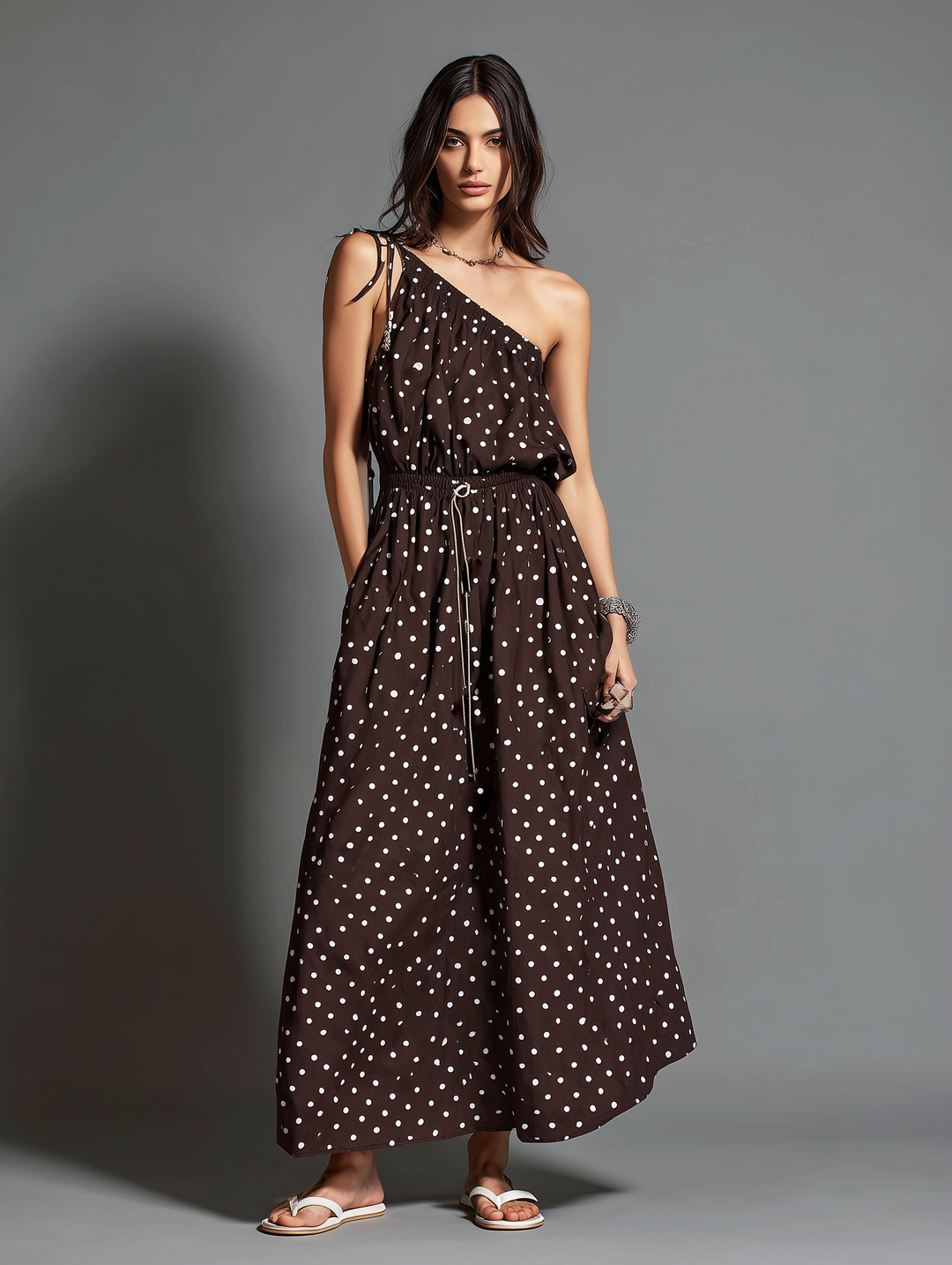 Women's Casual Brown Printed Polka Dot Woven Off-shoulder Sleeveless Long Dress