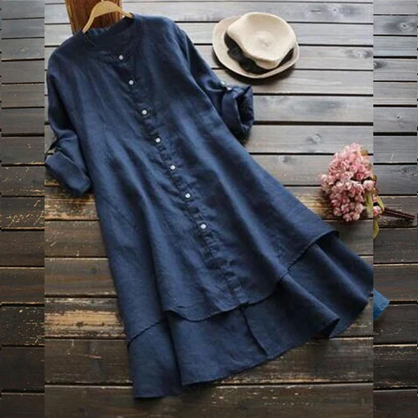 Robe midi pour femme avec fermeture à boutons, coupe ample et ourlet superposé