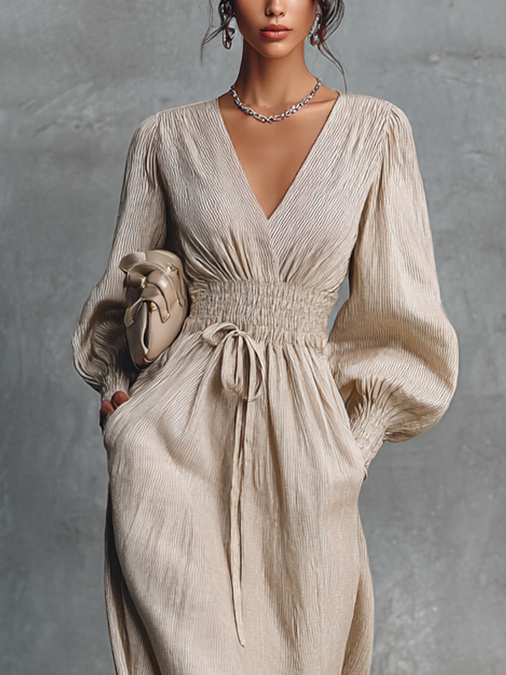 Women's Beige Cotton Linen Striped V-Neck Shirred Waist Maxi Dress