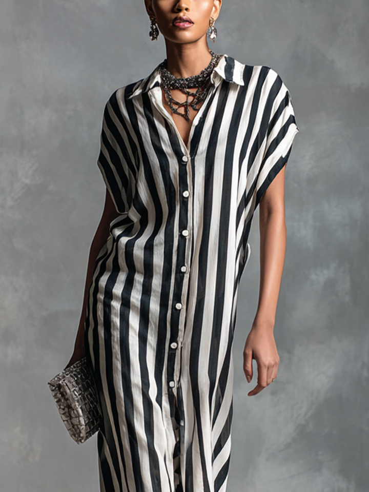 Women's Black And White Striped Sleeveless Shirt Maxi Dress