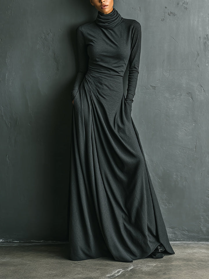 Dámské elegantní antracitové maxi šaty z elastické polyester-bavlněné směsi s rolákem a volánem
