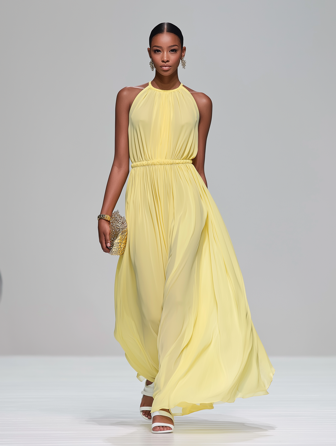 Robe longue élégante jaune clair en chiffon pour femme avec col rond et sans manches